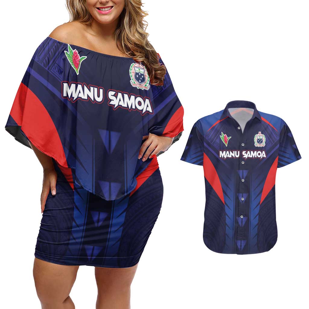 Custom Rugby Samoa Couples Matching Off Shoulder Short Dress and Hawaiian Shirt Siva Tau Spirit Sporty Vibes - Polynesian Pride