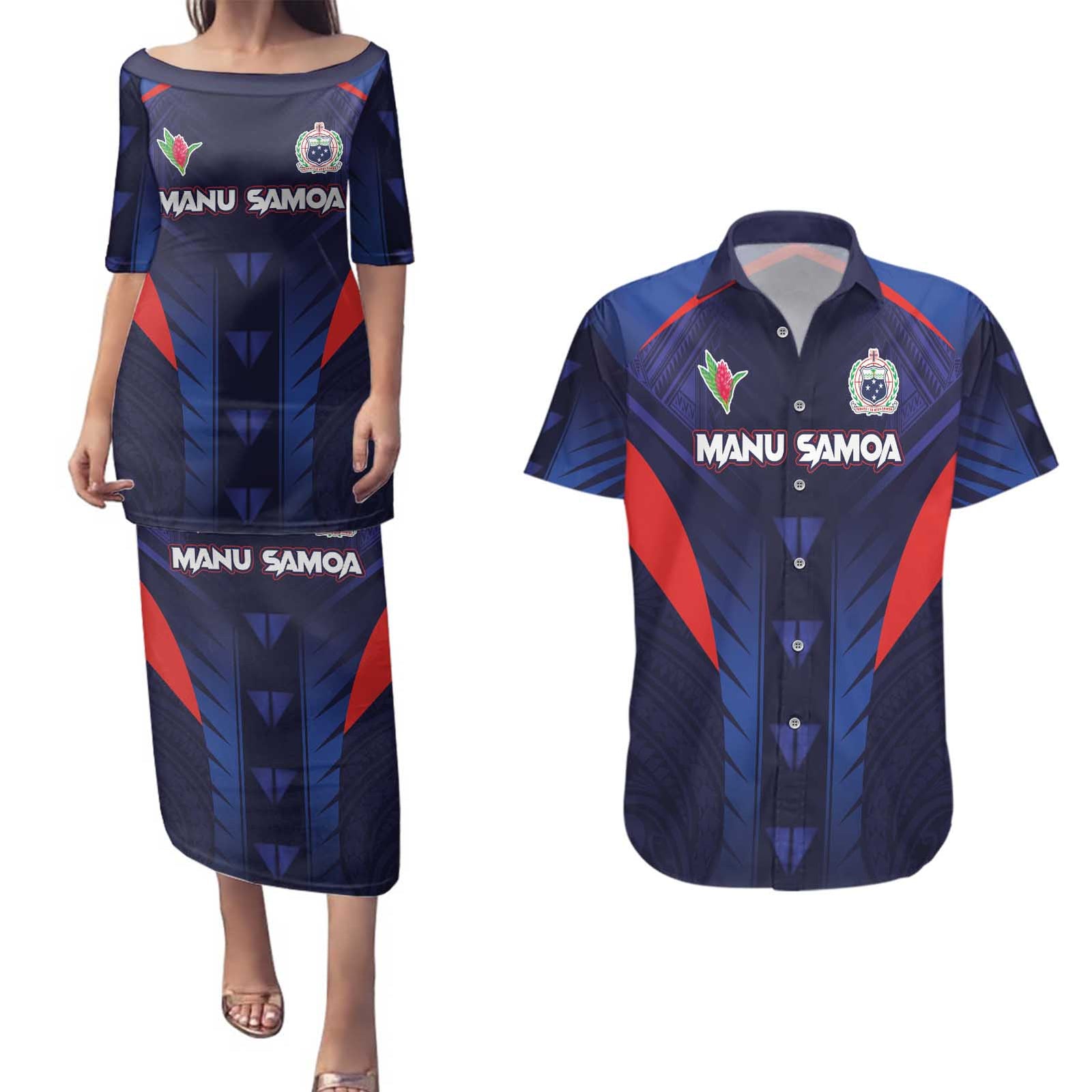 Custom Rugby Samoa Couples Matching Puletasi and Hawaiian Shirt Siva Tau Spirit Sporty Vibes LT03 Navy - Polynesian Pride