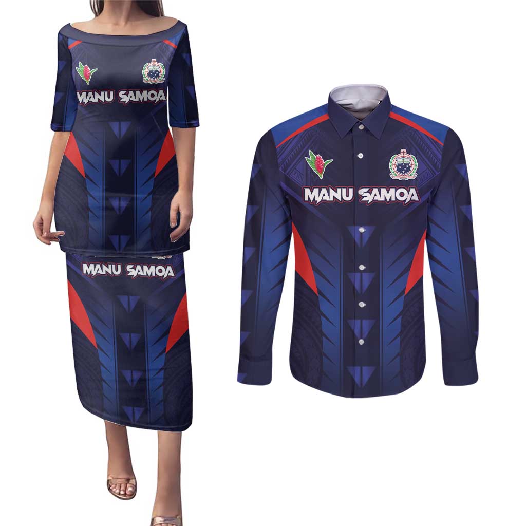 Custom Rugby Samoa Couples Matching Puletasi and Long Sleeve Button Shirt Siva Tau Spirit Sporty Vibes LT03 Navy - Polynesian Pride