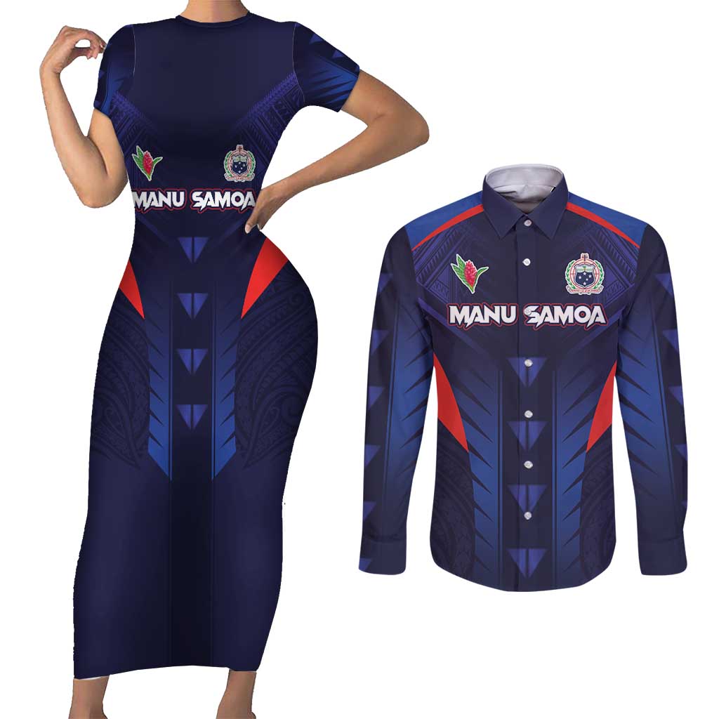 Custom Rugby Samoa Couples Matching Short Sleeve Bodycon Dress and Long Sleeve Button Shirt Siva Tau Spirit Sporty Vibes - Polynesian Pride