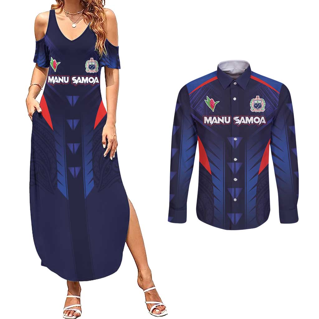Custom Rugby Samoa Couples Matching Summer Maxi Dress and Long Sleeve Button Shirt Siva Tau Spirit Sporty Vibes LT03 Navy - Polynesian Pride