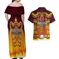 PNG Port Moresby Vipers Rugby Couples Matching Off Shoulder Maxi Dress and Hawaiian Shirt Fire Vipers Mix PNG Bird Polynesian Tattoo LT03 - Polynesian Pride