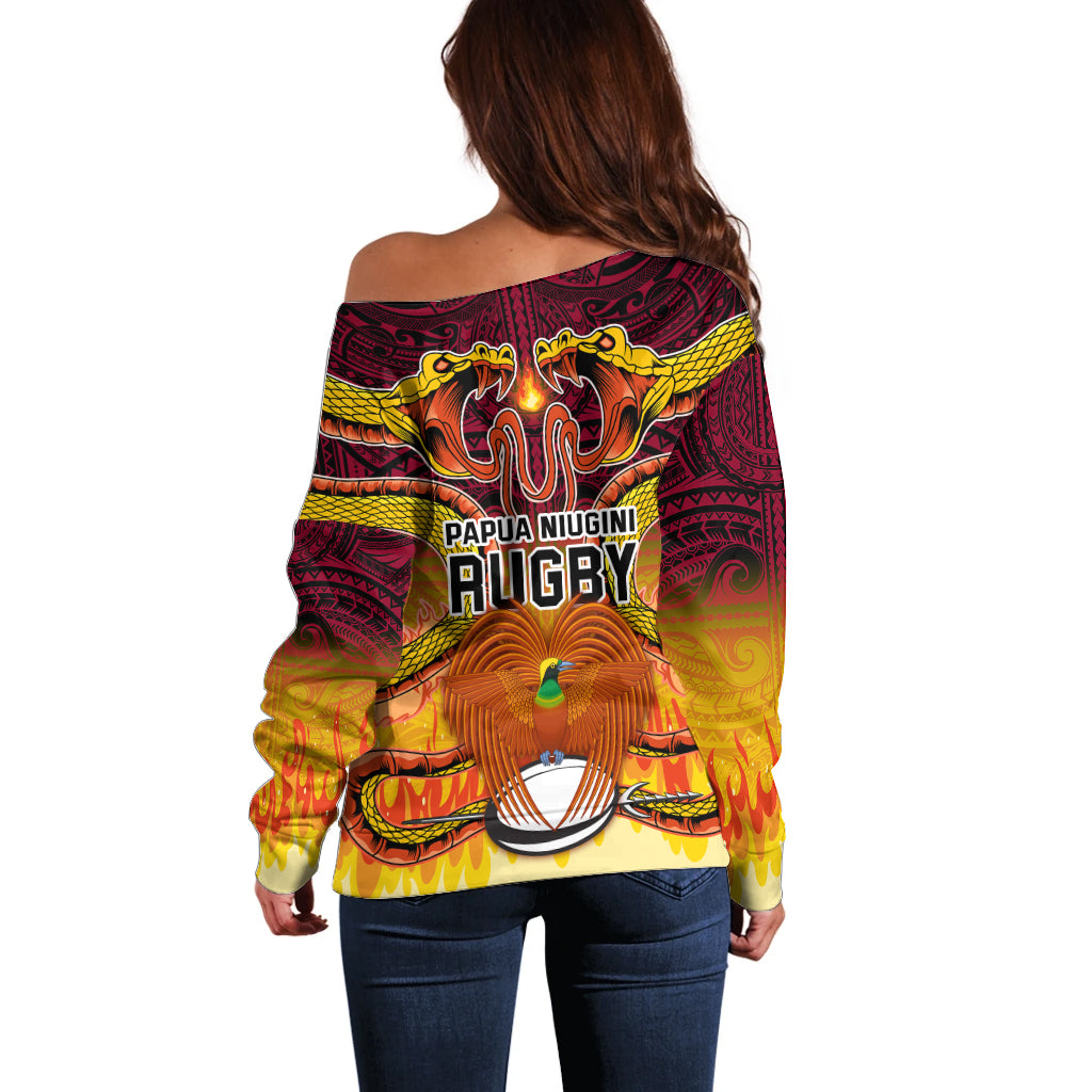 PNG Port Moresby Vipers Rugby Off Shoulder Sweater Fire Vipers Mix PNG Bird Polynesian Tattoo LT03 - Polynesian Pride