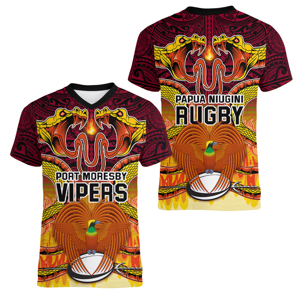 PNG Port Moresby Vipers Rugby Women V Neck T Shirt Fire Vipers Mix PNG Bird Polynesian Tattoo LT03 - Polynesian Pride