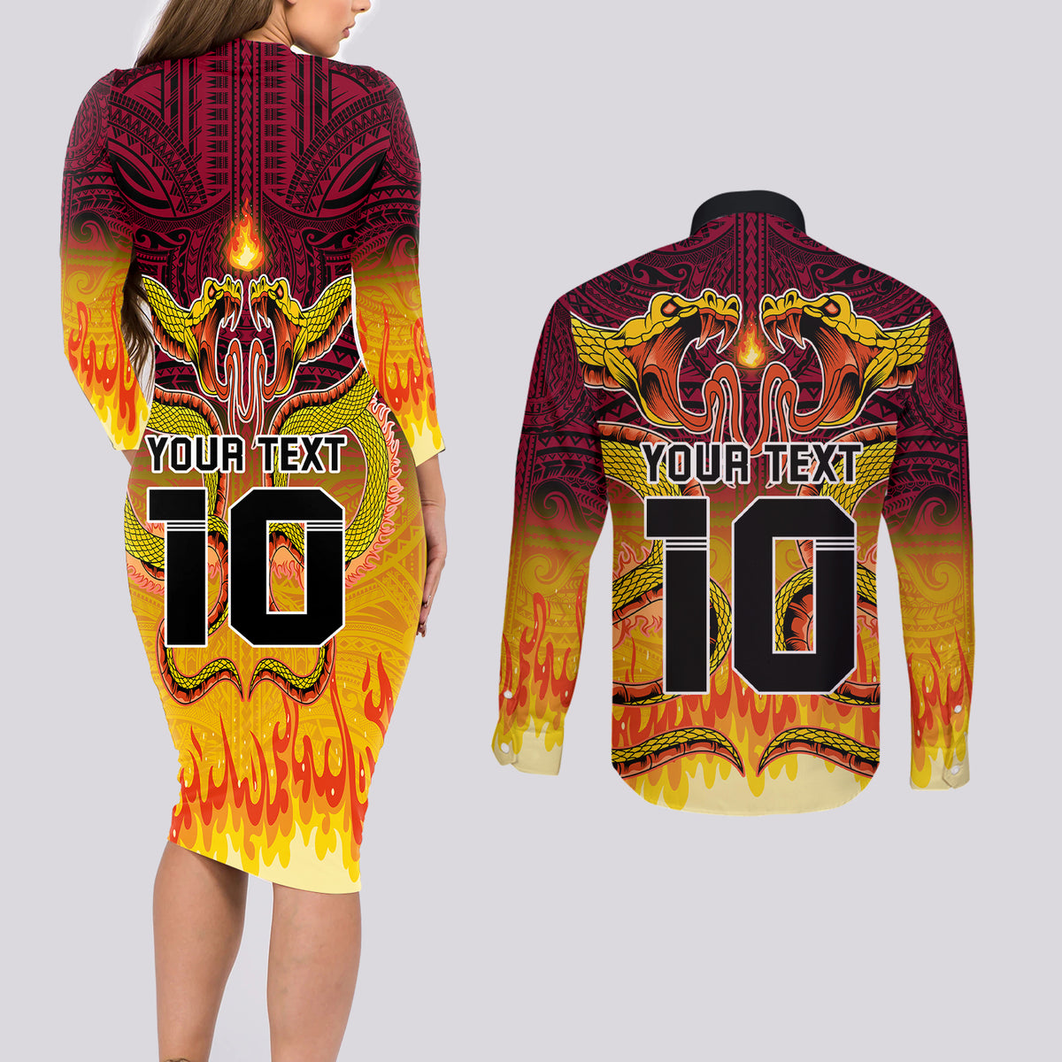 Custom PNG Port Moresby Vipers Rugby Couples Matching Long Sleeve Bodycon Dress and Long Sleeve Button Shirts Fire Vipers Mix PNG Bird Polynesian Tattoo LT03 - Polynesian Pride