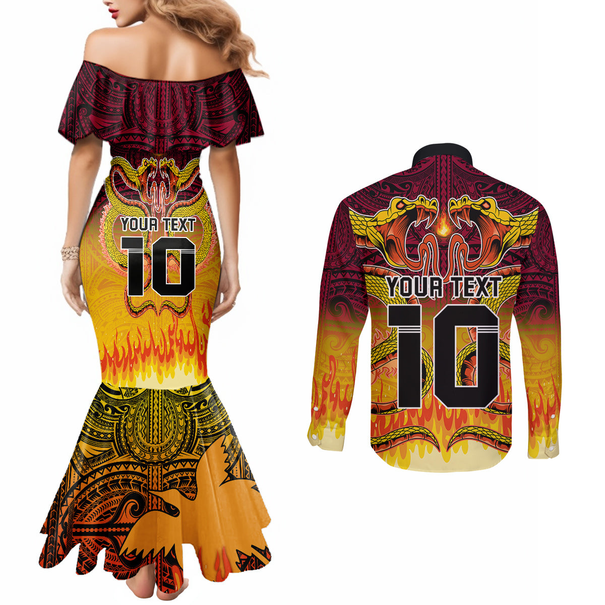 Custom PNG Port Moresby Vipers Rugby Couples Matching Mermaid Dress and Long Sleeve Button Shirts Fire Vipers Mix PNG Bird Polynesian Tattoo LT03 - Polynesian Pride