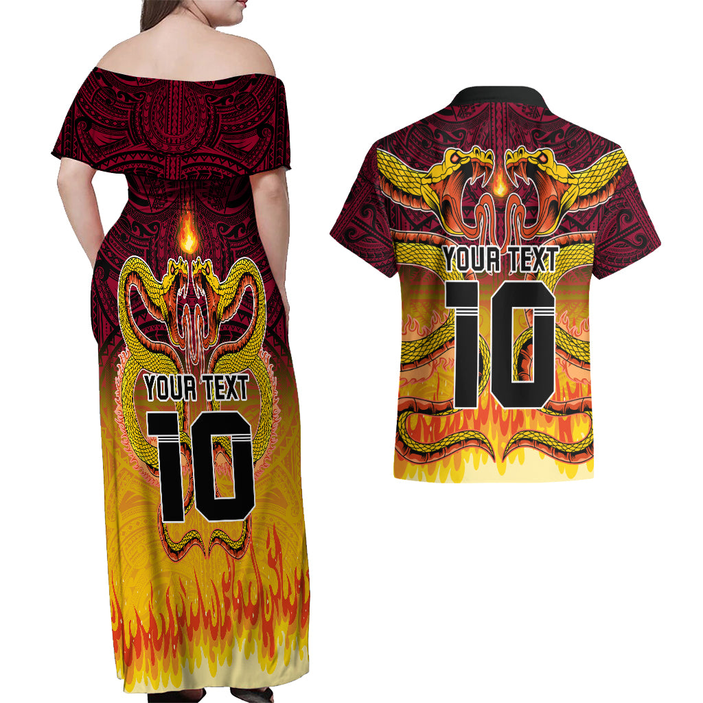 Custom PNG Port Moresby Vipers Rugby Couples Matching Off Shoulder Maxi Dress and Hawaiian Shirt Fire Vipers Mix PNG Bird Polynesian Tattoo LT03 - Polynesian Pride