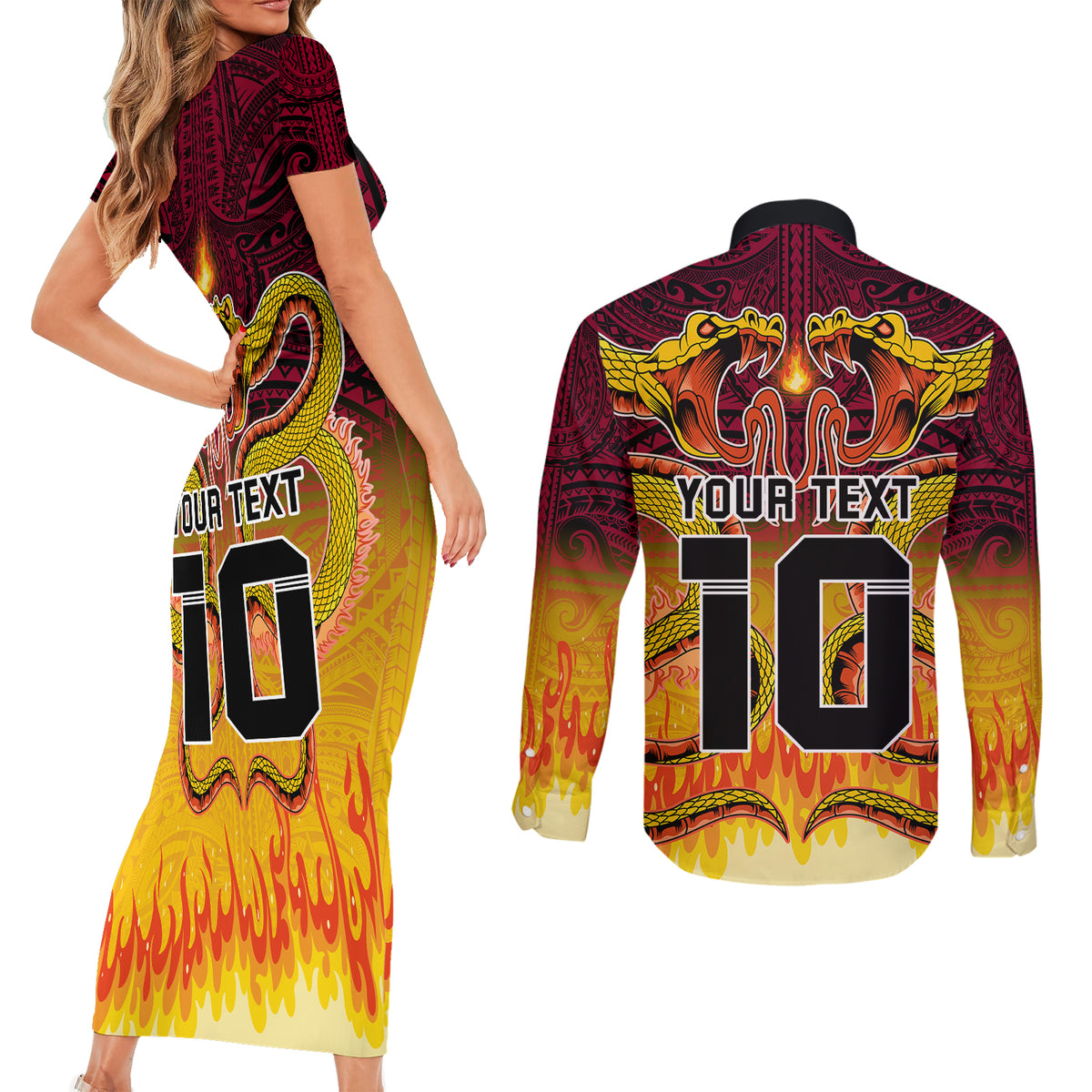 Custom PNG Port Moresby Vipers Rugby Couples Matching Short Sleeve Bodycon Dress and Long Sleeve Button Shirts Fire Vipers Mix PNG Bird Polynesian Tattoo LT03 - Polynesian Pride