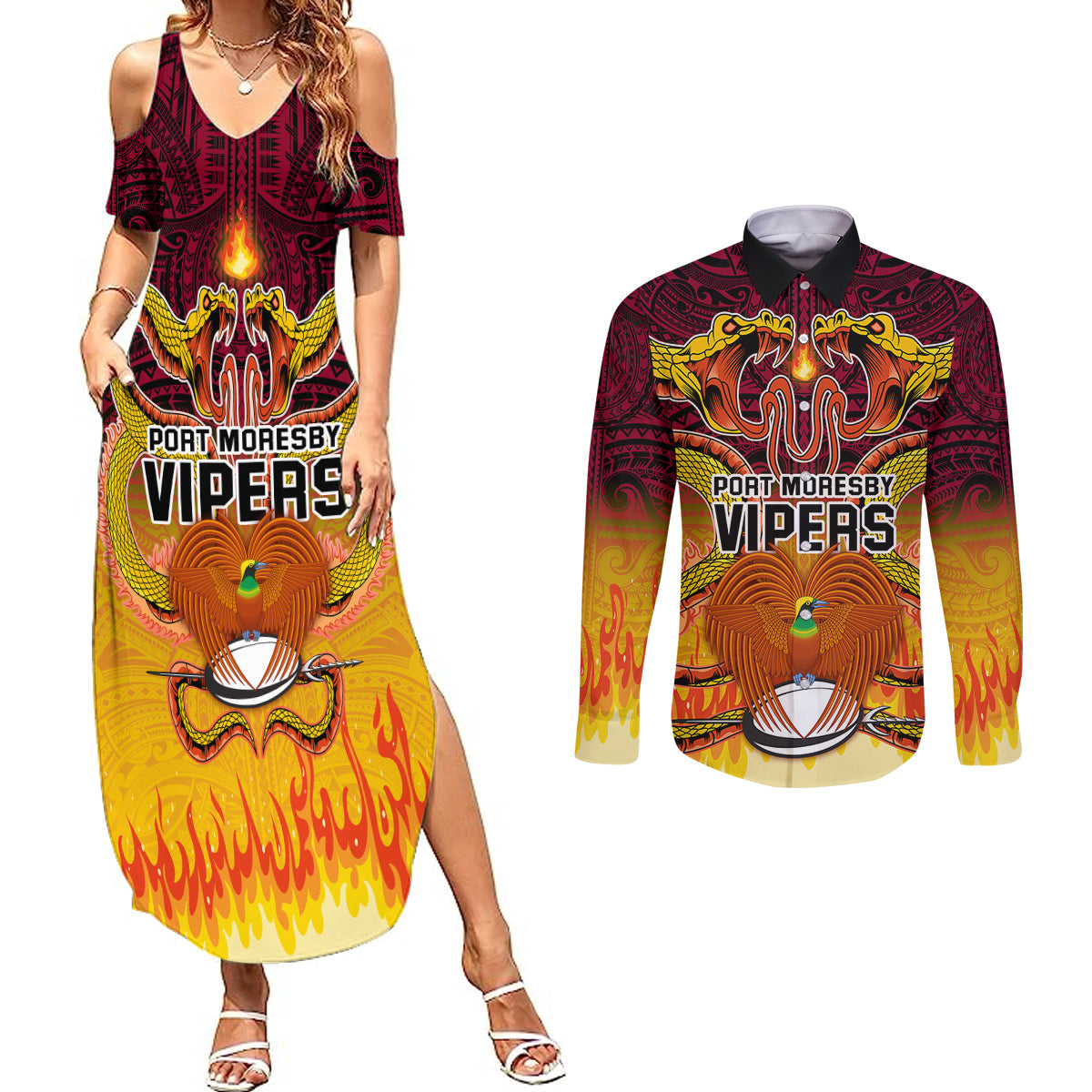 Custom PNG Port Moresby Vipers Rugby Couples Matching Summer Maxi Dress and Long Sleeve Button Shirts Fire Vipers Mix PNG Bird Polynesian Tattoo LT03 Yellow - Polynesian Pride