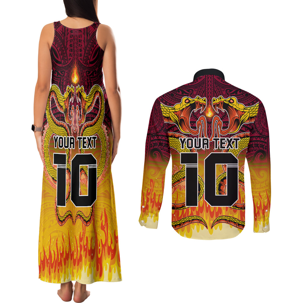 Custom PNG Port Moresby Vipers Rugby Couples Matching Tank Maxi Dress and Long Sleeve Button Shirts Fire Vipers Mix PNG Bird Polynesian Tattoo LT03 - Polynesian Pride