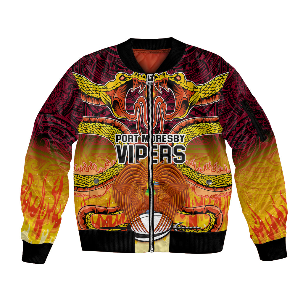 Custom PNG Port Moresby Vipers Rugby Sleeve Zip Bomber Jacket Fire Vipers Mix PNG Bird Polynesian Tattoo LT03 Unisex Yellow - Polynesian Pride