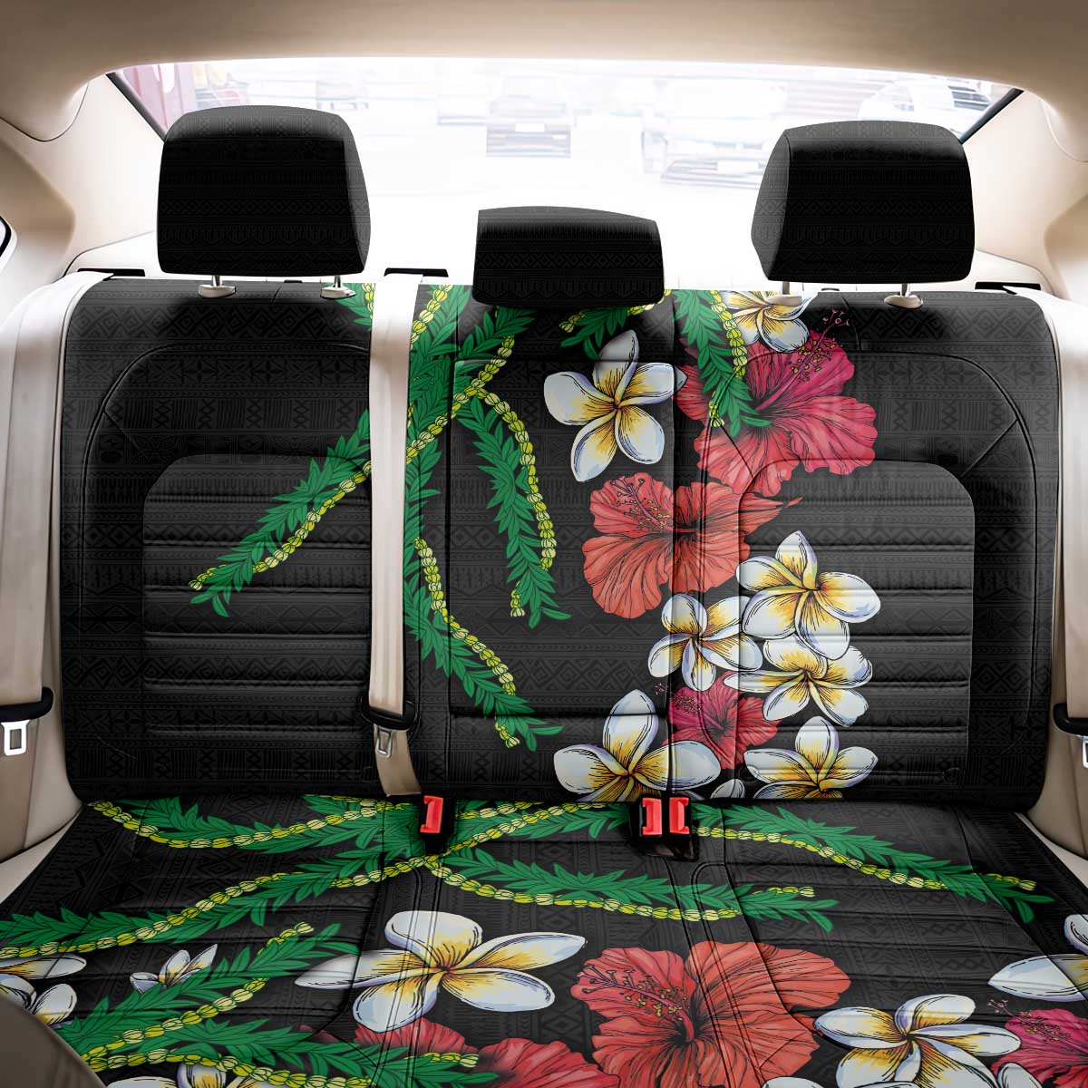 Hawaiian Tropical Flowers and Maile Pikake Back Car Seat Cover Polynesian Tribal Pattern Black Color LT03 - Polynesian Pride