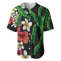 Hawaiian Tropical Flowers and Maile Pikake Baseball Jersey Polynesian Tribal Pattern Black Color LT03 Black - Polynesian Pride