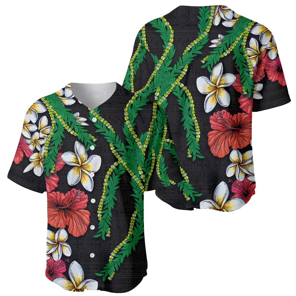 Hawaiian Tropical Flowers and Maile Pikake Baseball Jersey Polynesian Tribal Pattern Black Color LT03 - Polynesian Pride