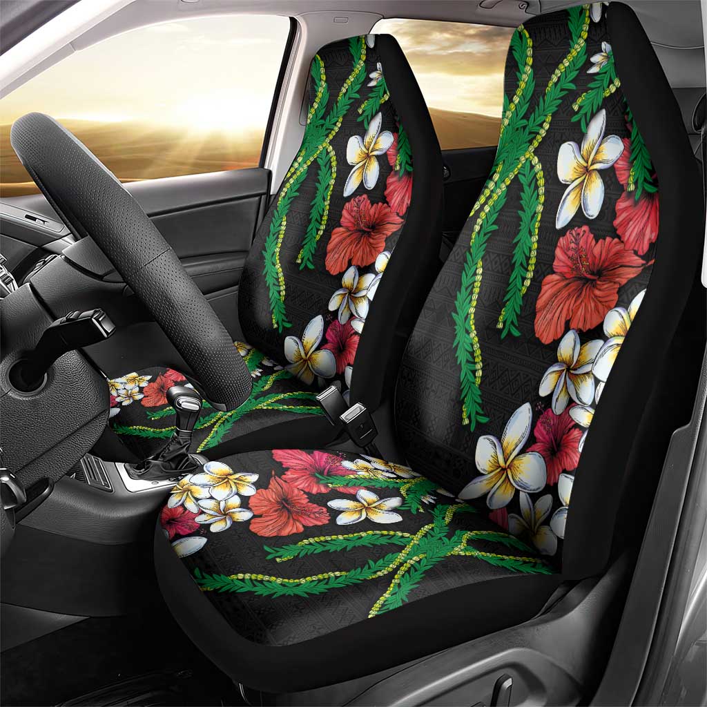 Hawaiian Tropical Flowers and Maile Pikake Car Seat Cover Polynesian Tribal Pattern Black Color