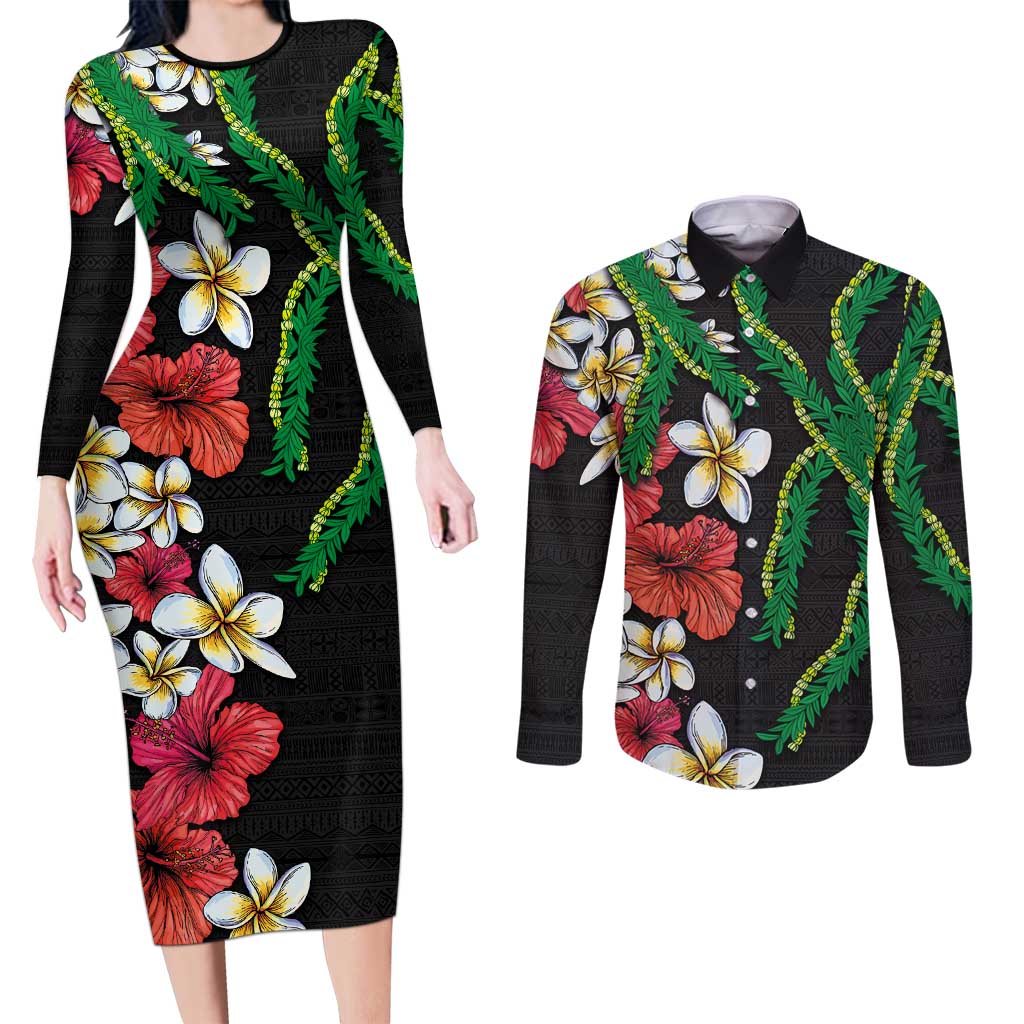 Hawaiian Tropical Flowers and Maile Pikake Couples Matching Long Sleeve Bodycon Dress and Long Sleeve Button Shirt Polynesian Tribal Pattern Black Color LT03 Black - Polynesian Pride