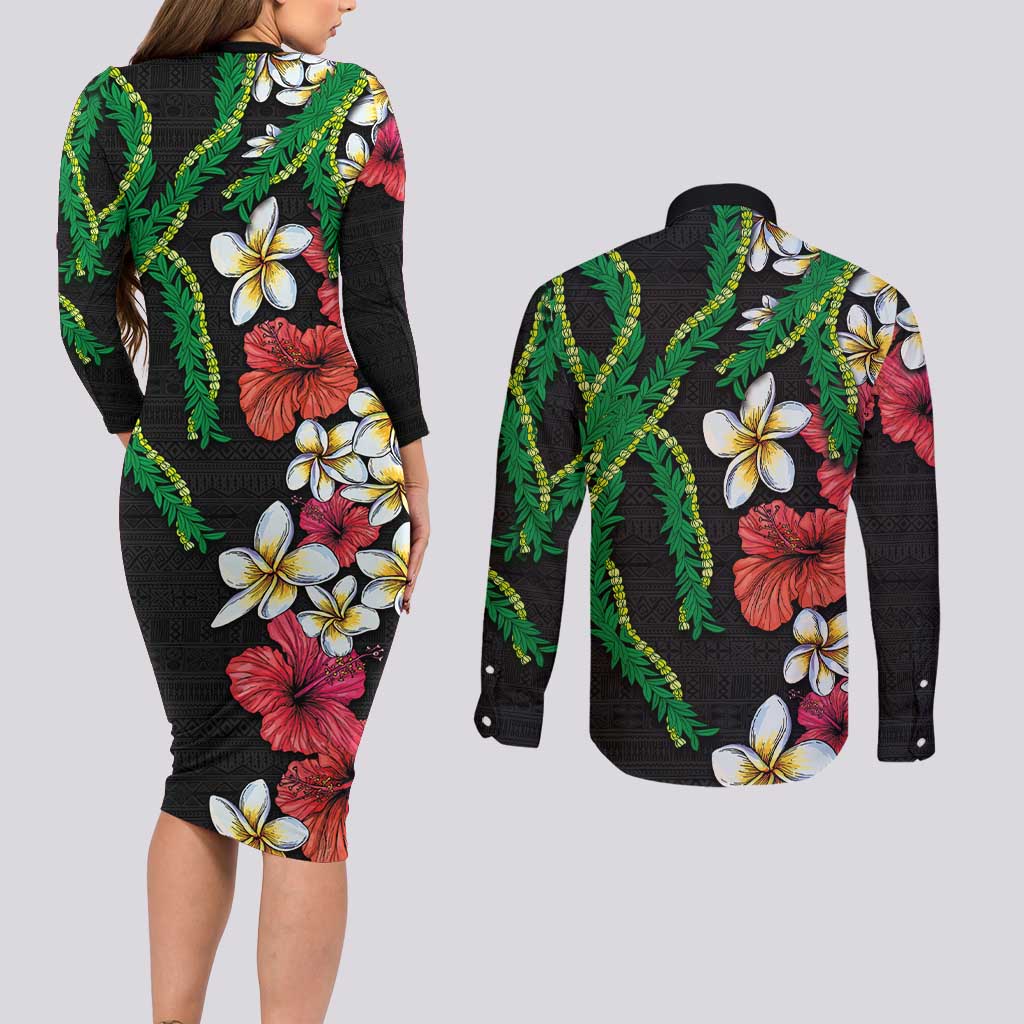 Hawaiian Tropical Flowers and Maile Pikake Couples Matching Long Sleeve Bodycon Dress and Long Sleeve Button Shirt Polynesian Tribal Pattern Black Color LT03 - Polynesian Pride