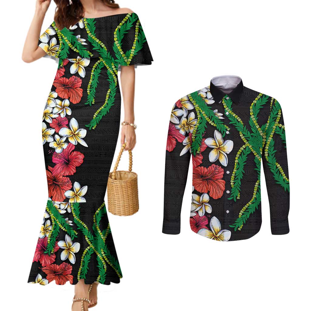 Hawaiian Tropical Flowers and Maile Pikake Couples Matching Mermaid Dress and Long Sleeve Button Shirt Polynesian Tribal Pattern Black Color LT03 Black - Polynesian Pride