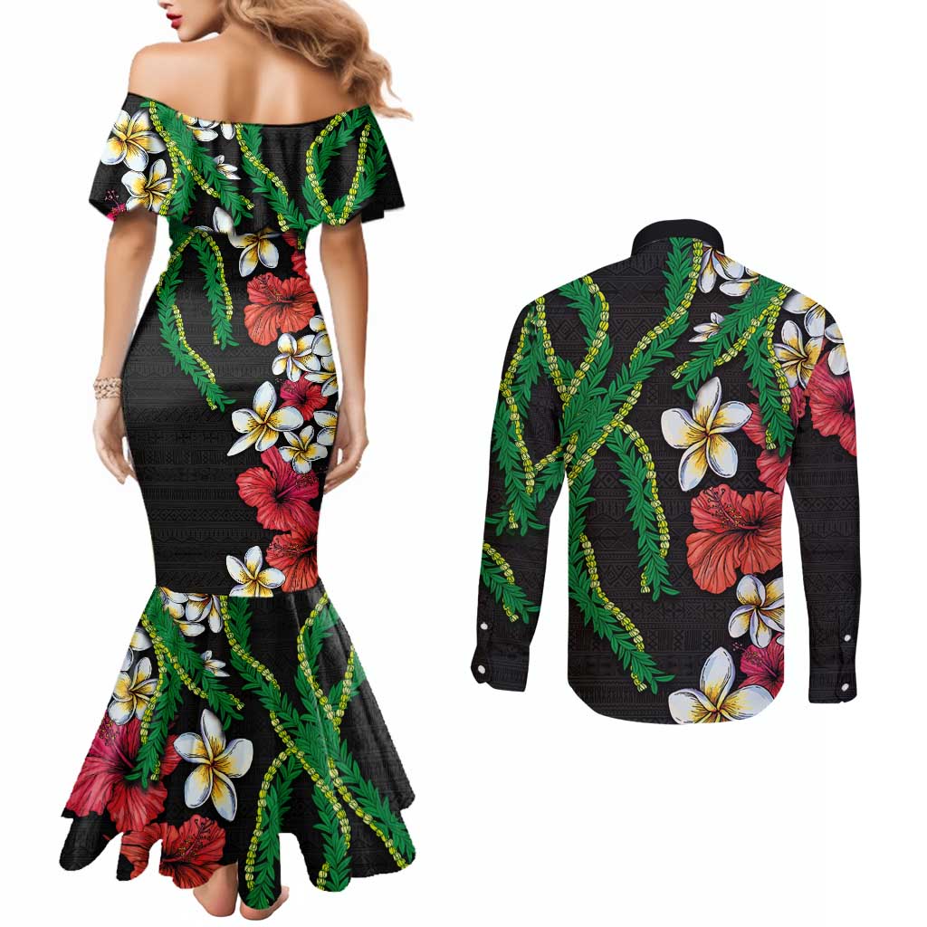 Hawaiian Tropical Flowers and Maile Pikake Couples Matching Mermaid Dress and Long Sleeve Button Shirt Polynesian Tribal Pattern Black Color LT03 - Polynesian Pride