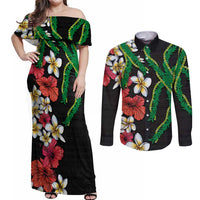 Hawaiian Tropical Flowers and Maile Pikake Couples Matching Off Shoulder Maxi Dress and Long Sleeve Button Shirt Polynesian Tribal Pattern Black Color LT03 Black - Polynesian Pride