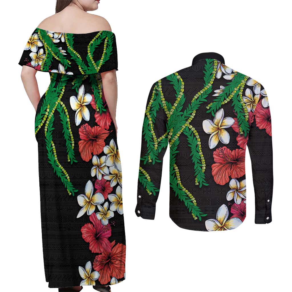 Hawaiian Tropical Flowers and Maile Pikake Couples Matching Off Shoulder Maxi Dress and Long Sleeve Button Shirt Polynesian Tribal Pattern Black Color LT03 - Polynesian Pride