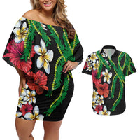 Hawaiian Tropical Flowers and Maile Pikake Couples Matching Off Shoulder Short Dress and Hawaiian Shirt Polynesian Tribal Pattern Black Color LT03 Black - Polynesian Pride