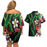 Hawaiian Tropical Flowers and Maile Pikake Couples Matching Off Shoulder Short Dress and Hawaiian Shirt Polynesian Tribal Pattern Black Color LT03 - Polynesian Pride