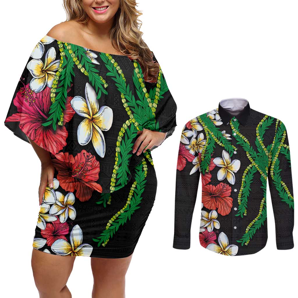 Hawaiian Tropical Flowers and Maile Pikake Couples Matching Off Shoulder Short Dress and Long Sleeve Button Shirt Polynesian Tribal Pattern Black Color LT03 Black - Polynesian Pride