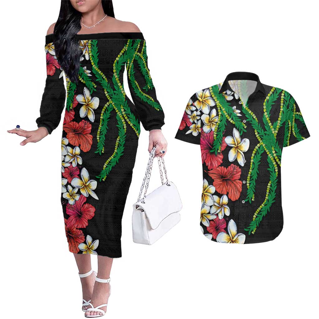 Hawaiian Tropical Flowers and Maile Pikake Couples Matching Off The Shoulder Long Sleeve Dress and Hawaiian Shirt Polynesian Tribal Pattern Black Color LT03 Black - Polynesian Pride