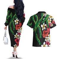 Hawaiian Tropical Flowers and Maile Pikake Couples Matching Off The Shoulder Long Sleeve Dress and Hawaiian Shirt Polynesian Tribal Pattern Black Color
