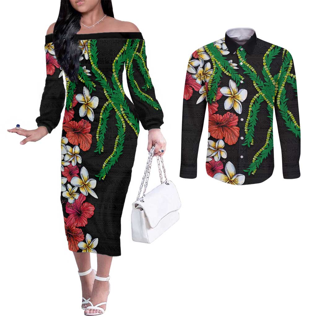 Hawaiian Tropical Flowers and Maile Pikake Couples Matching Off The Shoulder Long Sleeve Dress and Long Sleeve Button Shirt Polynesian Tribal Pattern Black Color LT03 Black - Polynesian Pride