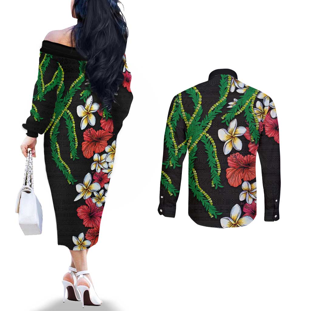Hawaiian Tropical Flowers and Maile Pikake Couples Matching Off The Shoulder Long Sleeve Dress and Long Sleeve Button Shirt Polynesian Tribal Pattern Black Color LT03 - Polynesian Pride