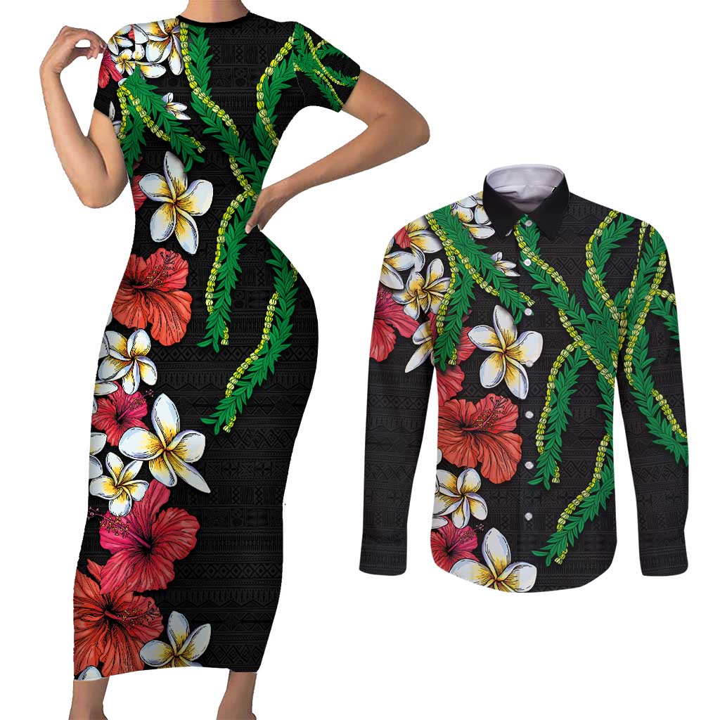 Hawaiian Tropical Flowers and Maile Pikake Couples Matching Short Sleeve Bodycon Dress and Long Sleeve Button Shirt Polynesian Tribal Pattern Black Color LT03 Black - Polynesian Pride