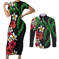 Hawaiian Tropical Flowers and Maile Pikake Couples Matching Short Sleeve Bodycon Dress and Long Sleeve Button Shirt Polynesian Tribal Pattern Black Color LT03 Black - Polynesian Pride