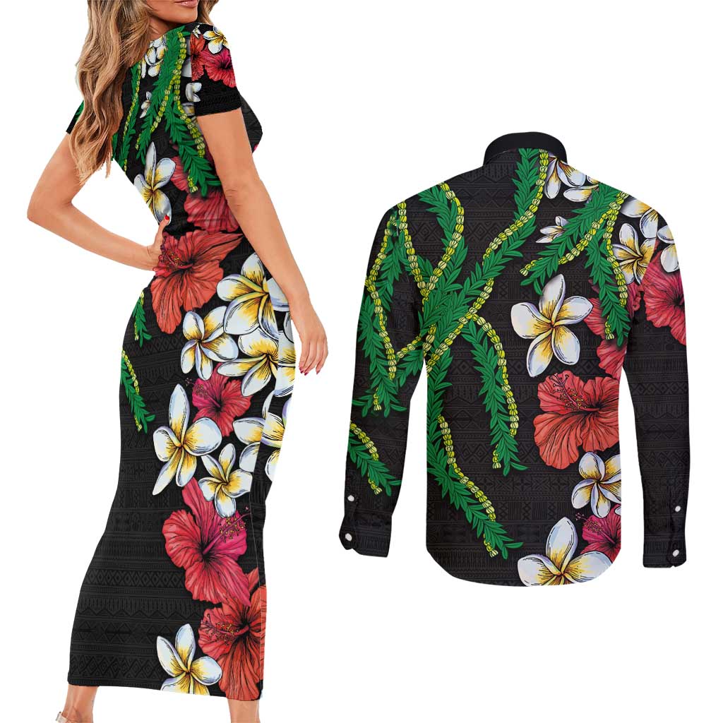 Hawaiian Tropical Flowers and Maile Pikake Couples Matching Short Sleeve Bodycon Dress and Long Sleeve Button Shirt Polynesian Tribal Pattern Black Color LT03 - Polynesian Pride