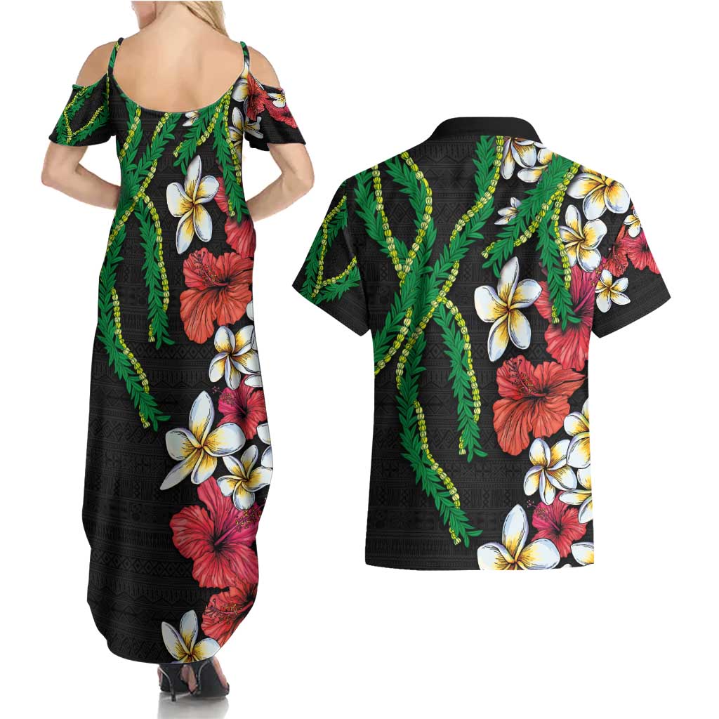 Hawaiian Tropical Flowers and Maile Pikake Couples Matching Summer Maxi Dress and Hawaiian Shirt Polynesian Tribal Pattern Black Color LT03 - Polynesian Pride