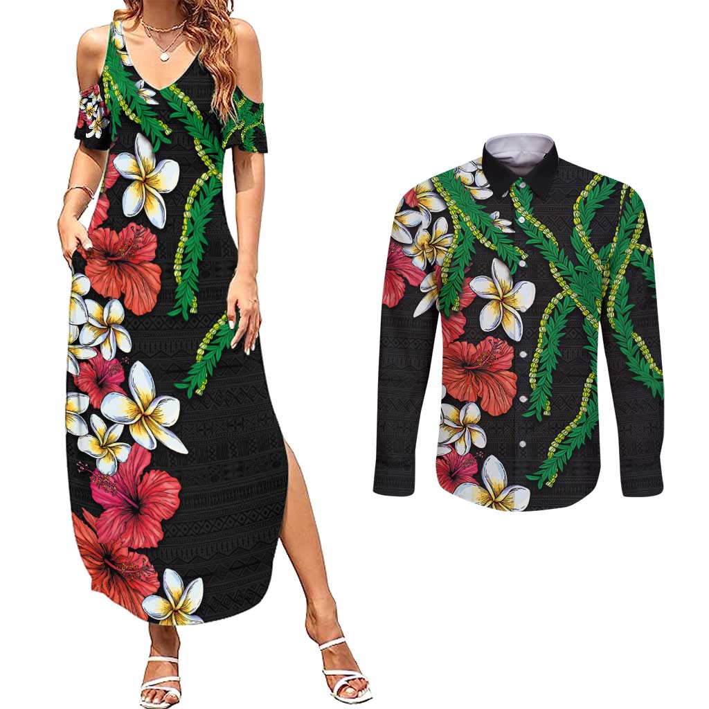 Hawaiian Tropical Flowers and Maile Pikake Couples Matching Summer Maxi Dress and Long Sleeve Button Shirt Polynesian Tribal Pattern Black Color LT03 Black - Polynesian Pride