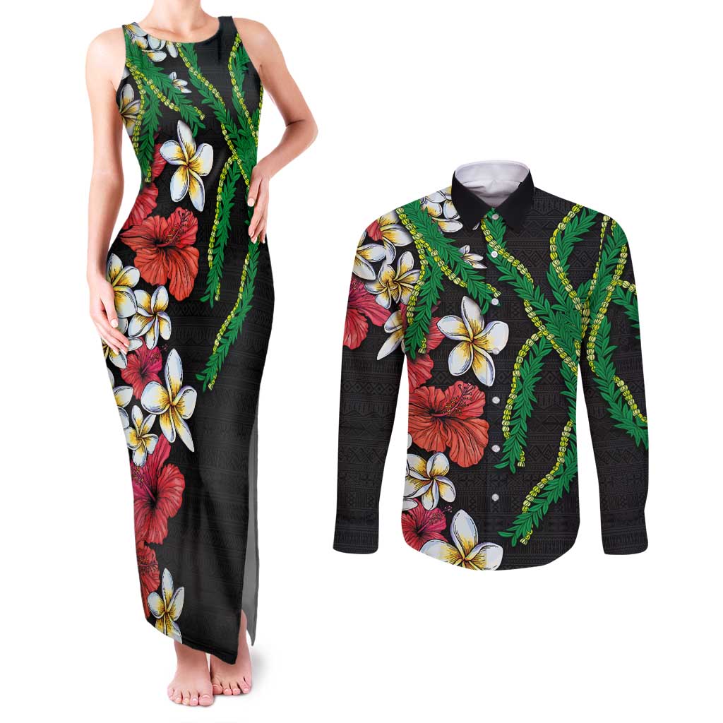 Hawaiian Tropical Flowers and Maile Pikake Couples Matching Tank Maxi Dress and Long Sleeve Button Shirt Polynesian Tribal Pattern Black Color LT03 Black - Polynesian Pride
