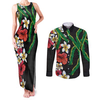 Hawaiian Tropical Flowers and Maile Pikake Couples Matching Tank Maxi Dress and Long Sleeve Button Shirt Polynesian Tribal Pattern Black Color LT03 Black - Polynesian Pride