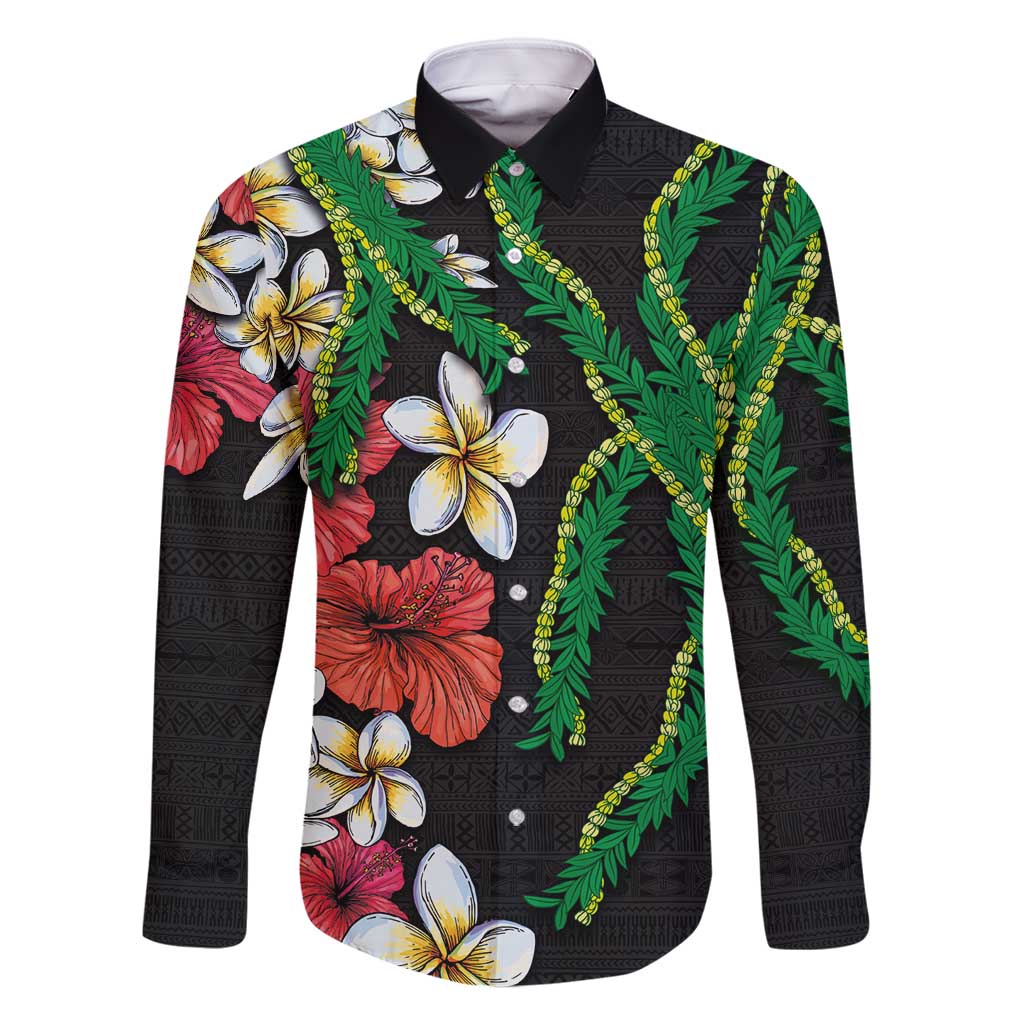 Hawaiian Tropical Flowers and Maile Pikake Family Matching Mermaid Dress and Hawaiian Shirt Polynesian Tribal Pattern Black Color LT03 Dad's Shirt - Long Sleeve Black - Polynesian Pride
