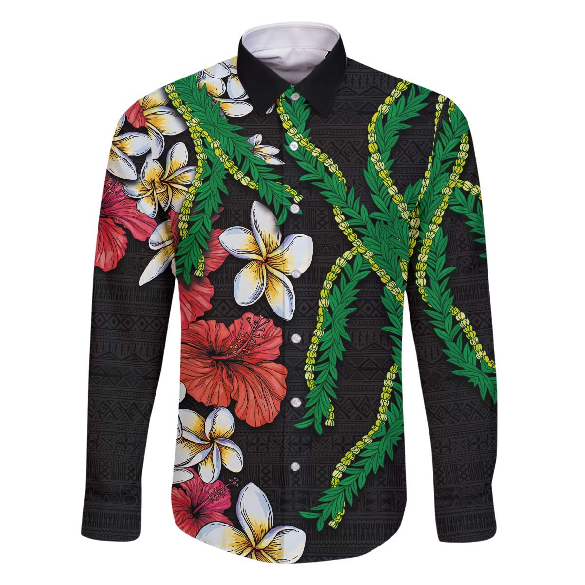 Hawaiian Tropical Flowers and Maile Pikake Family Matching Off Shoulder Short Dress and Hawaiian Shirt Polynesian Tribal Pattern Black Color