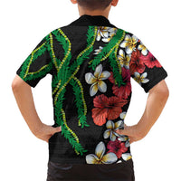 Hawaiian Tropical Flowers and Maile Pikake Family Matching Short Sleeve Bodycon Dress and Hawaiian Shirt Polynesian Tribal Pattern Black Color LT03 - Polynesian Pride