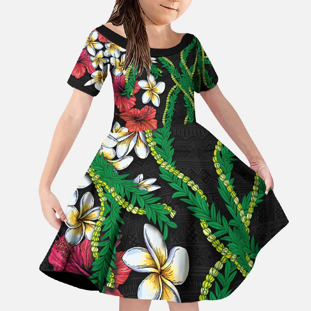 Hawaiian Tropical Flowers and Maile Pikake Family Matching Short Sleeve Bodycon Dress and Hawaiian Shirt Polynesian Tribal Pattern Black Color LT03 Daughter's Dress Black - Polynesian Pride