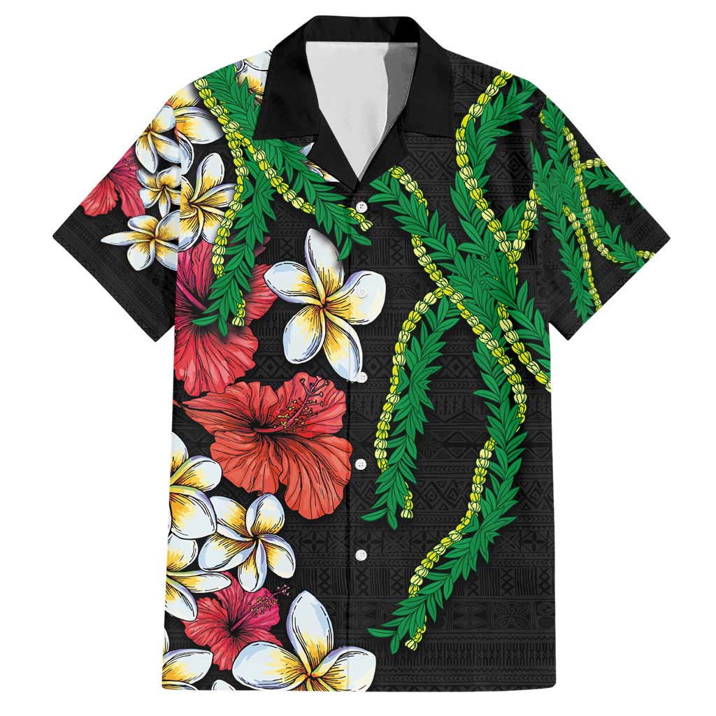 Hawaiian Tropical Flowers and Maile Pikake Family Matching Short Sleeve Bodycon Dress and Hawaiian Shirt Polynesian Tribal Pattern Black Color LT03 Dad's Shirt - Short Sleeve Black - Polynesian Pride