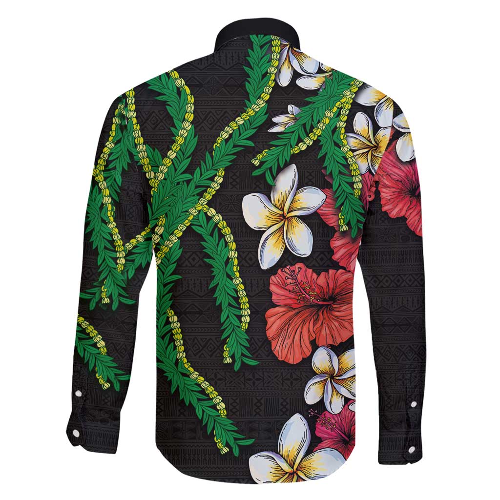 Hawaiian Tropical Flowers and Maile Pikake Family Matching Short Sleeve Bodycon Dress and Hawaiian Shirt Polynesian Tribal Pattern Black Color LT03 - Polynesian Pride
