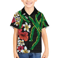 Hawaiian Tropical Flowers and Maile Pikake Family Matching Short Sleeve Bodycon Dress and Hawaiian Shirt Polynesian Tribal Pattern Black Color LT03 Son's Shirt Black - Polynesian Pride