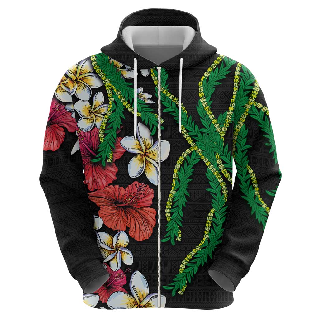 Hawaiian Tropical Flowers and Maile Pikake Hoodie Polynesian Tribal Pattern Black Color