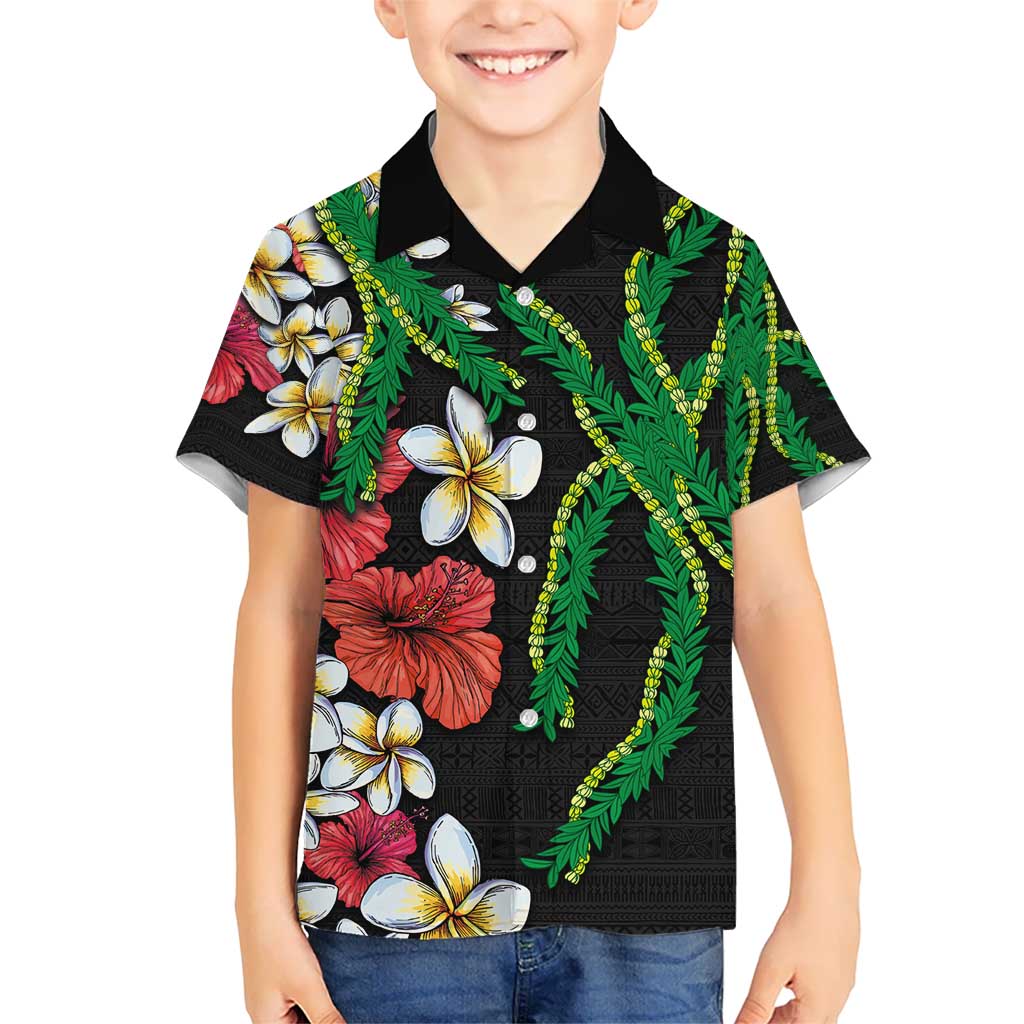 Hawaiian Tropical Flowers and Maile Pikake Kid Hawaiian Shirt Polynesian Tribal Pattern Black Color LT03 Kid Black - Polynesian Pride