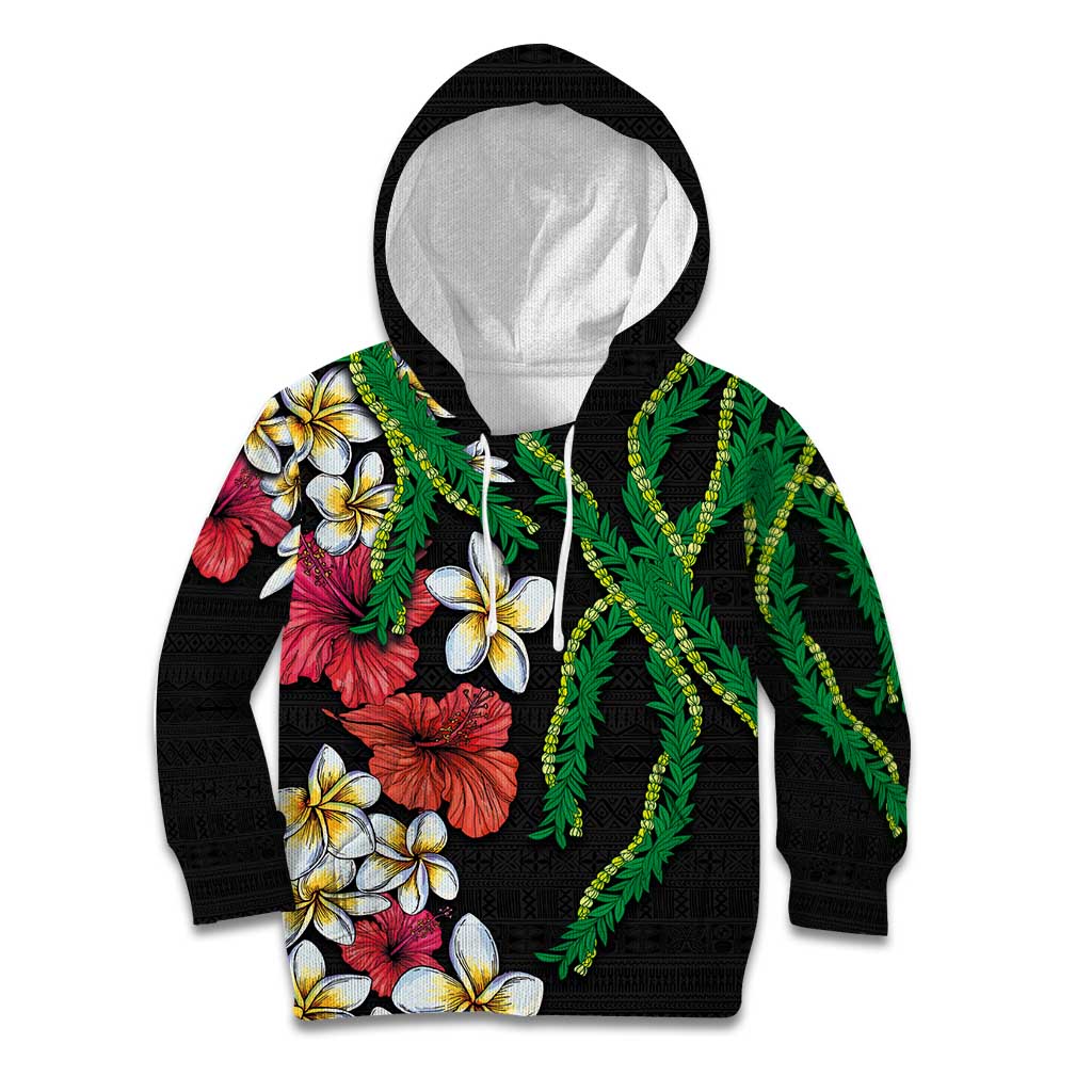 Hawaiian Tropical Flowers and Maile Pikake Kid Hoodie Polynesian Tribal Pattern Black Color LT03 Hoodie Black - Polynesian Pride