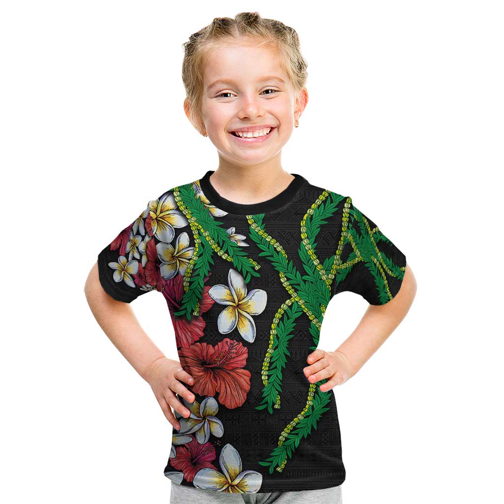 Hawaiian Tropical Flowers and Maile Pikake Kid T Shirt Polynesian Tribal Pattern Black Color LT03 Black - Polynesian Pride